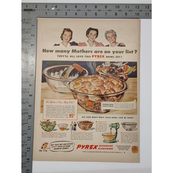 1943 Pyrex Print Ad Bowl Set Mothers Day Kitchen 1940s Domestic Ephemera - Picture 3 of 6